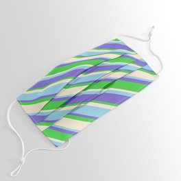 [ Thumbnail: Slate Blue, Lime Green, Beige & Sky Blue Colored Pattern of Stripes Face Mask ]