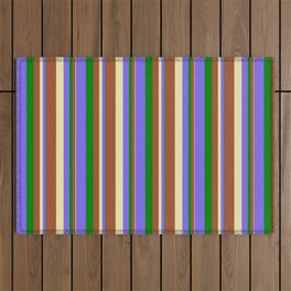 [ Thumbnail: Green, Medium Slate Blue, Pale Goldenrod, and Sienna Colored Striped Pattern Outdoor Rug ]