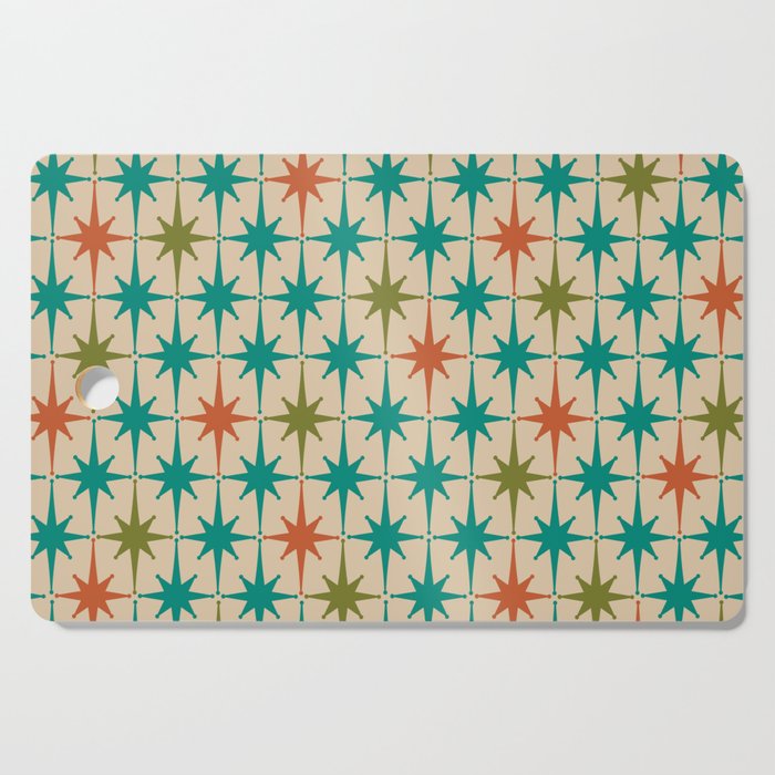 Atomic Age Retro Starburst Mid-century Modern Pattern in Mid Mod Turquoise, Orange, Olive, and Beige Cutting Board