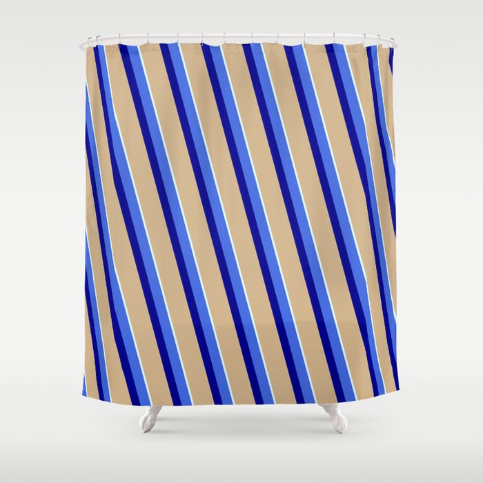 Royal Blue, Dark Blue, Tan & Light Cyan Colored Stripes/Lines Pattern Shower Curtain