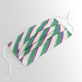 [ Thumbnail: Sea Green, Dark Violet, Beige, and Sky Blue Colored Striped Pattern Face Mask ]