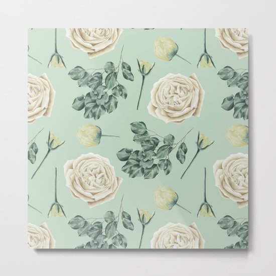 Rose Pattern Cream + Mint Green Metal Print