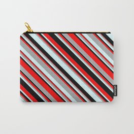 [ Thumbnail: Red, Dark Grey, Light Cyan, and Black Colored Striped Pattern Carry-All Pouch ]