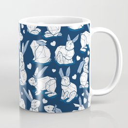 Geometric Easter bunnies // midnight blue background white rabbits with slate blue ears blue lines and blue ice hearts Coffee Mug
