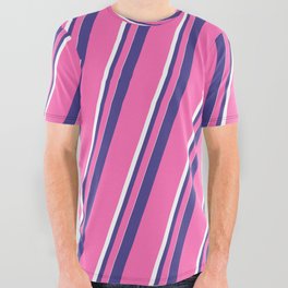 [ Thumbnail: Dark Slate Blue, Hot Pink & White Colored Pattern of Stripes All Over Graphic Tee ]