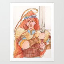 Warrior lady Art Print | Viking, Sword, Fantasy, Painting, Warrior, Redhair, Illustration, Armor, Watercolor, Woman 