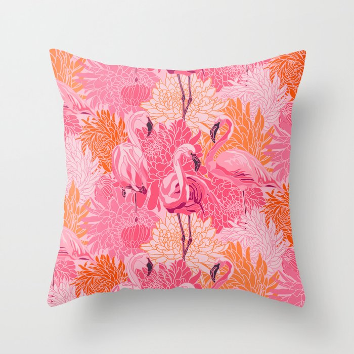 Flamingos and Flowers Pattern Throw Pillow