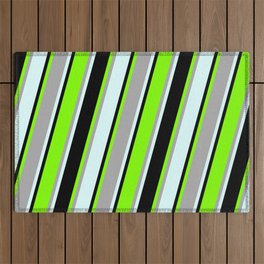 [ Thumbnail: Chartreuse, Dark Gray, Light Cyan, and Black Colored Stripes/Lines Pattern Outdoor Rug ]