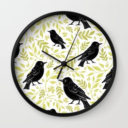 Blackbird and Foliage II Wall Clock | Leaves, Animal, Blackbirds, Birds, Williammorris, Pre Raphaelite, Black, Foliage, Graphicdesign, Green 