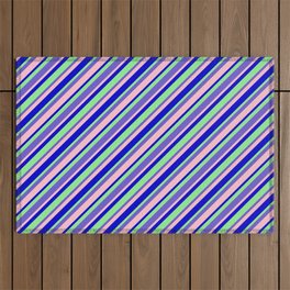 [ Thumbnail: Blue, Light Green, Slate Blue, and Pink Colored Pattern of Stripes Outdoor Rug ]