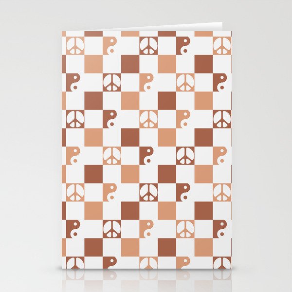 Checkered Peace Symbol & Yin Yang Pattern \\ Brown Multicolor Stationery Cards