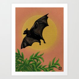 Sunset and Pteropus Art Print | Drawing, Illustration, Sunset, Lovely, Wildness, Adorable, Nature, Bats, Beautifulbat, Pteropus 