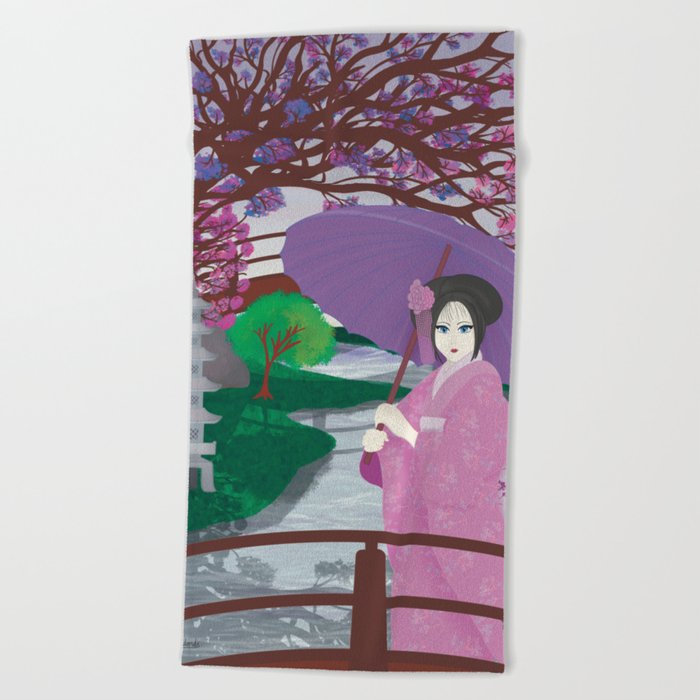 Japanese Geisha And Landscape With Cherry Blossom Tree  Beach Towel