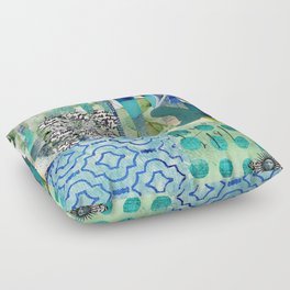 Teal Twist Abstract Collage, Teal Cobalt Turquoise Black and White Floor Pillow