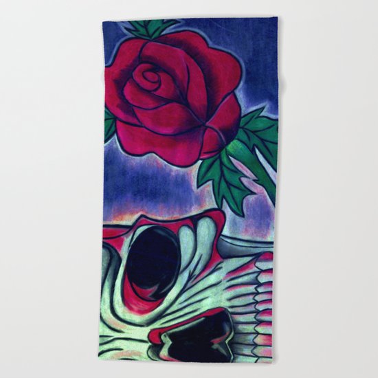 Skull & Red Rose Beach Towel