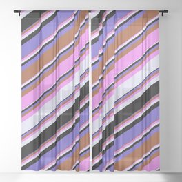 [ Thumbnail: Vibrant Violet, Lavender, Black, Slate Blue, and Sienna Colored Lines/Stripes Pattern Sheer Curtain ]