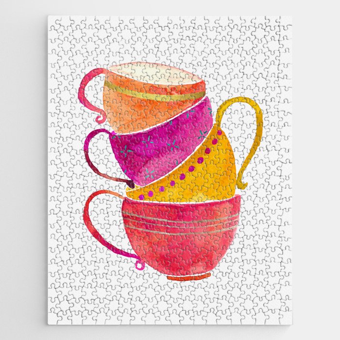 Orange, pink and yellow stacked tea cups Jigsaw Puzzle