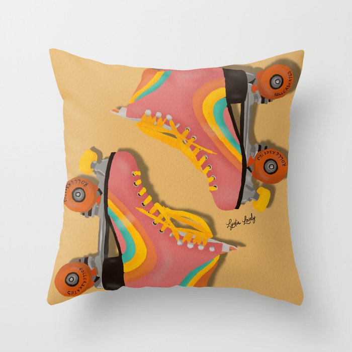 Rainbow roller-skates pink- soft orange background Throw Pillow