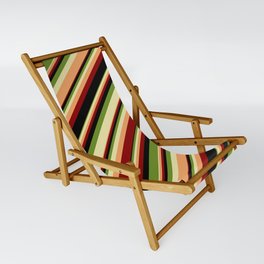 [ Thumbnail: Colorful Green, Pale Goldenrod, Brown, Dark Red & Black Colored Stripes Pattern Sling Chair ]