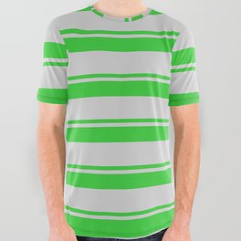 [ Thumbnail: Lime Green & Light Grey Colored Striped Pattern All Over Graphic Tee ]