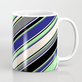 [ Thumbnail: Vibrant Green, Dim Grey, Midnight Blue, Beige & Black Colored Striped Pattern Coffee Mug ]
