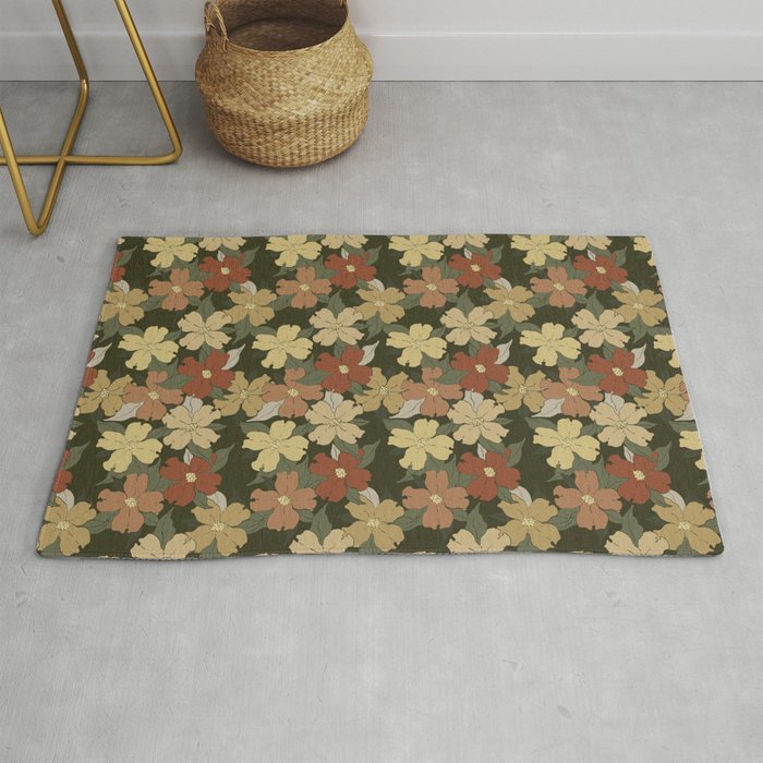 navy green and rust harvest florals dogwood symbolize rebirth and hope Rug
