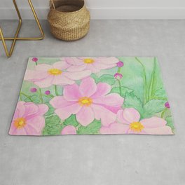 Watercolor Japanese Anemones Rug | Pretty, Natural, Watercolor, Flower, Pink, Nature, Painting, Watercolour, Green, Japanese 