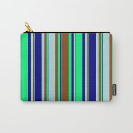 [ Thumbnail: Dark Blue, Green, Brown, and Powder Blue Colored Lines/Stripes Pattern Carry-All Pouch ]