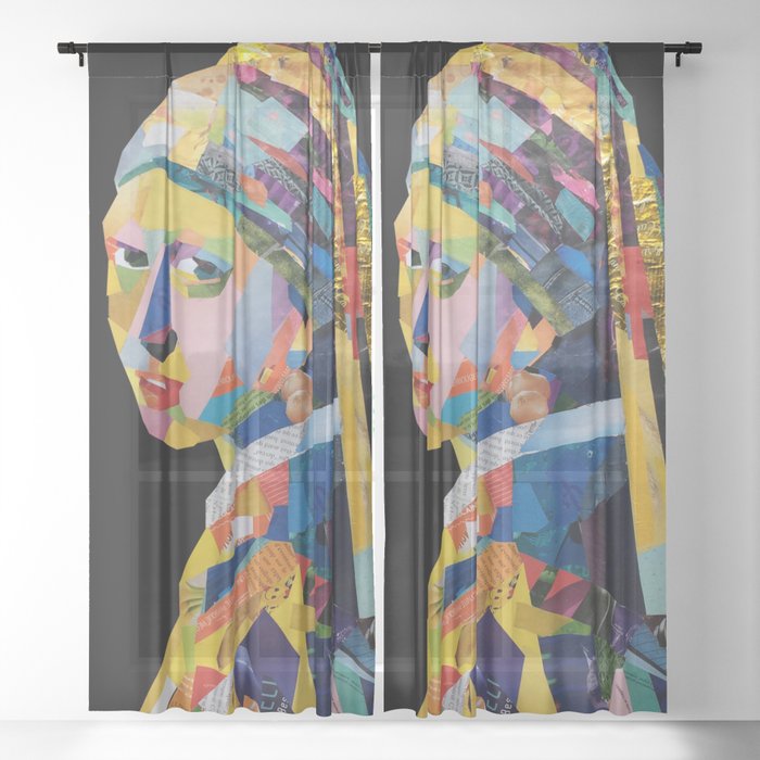 La jeune fille à la perle de vermeer Collage Sheer Curtain