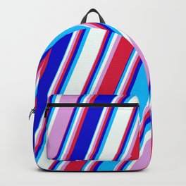 [ Thumbnail: Colorful Plum, Crimson, Blue, Deep Sky Blue, and Mint Cream Colored Lined/Striped Pattern Backpack ]