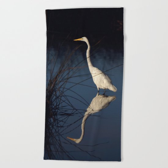 Morning Egret Reflection Beach Towel