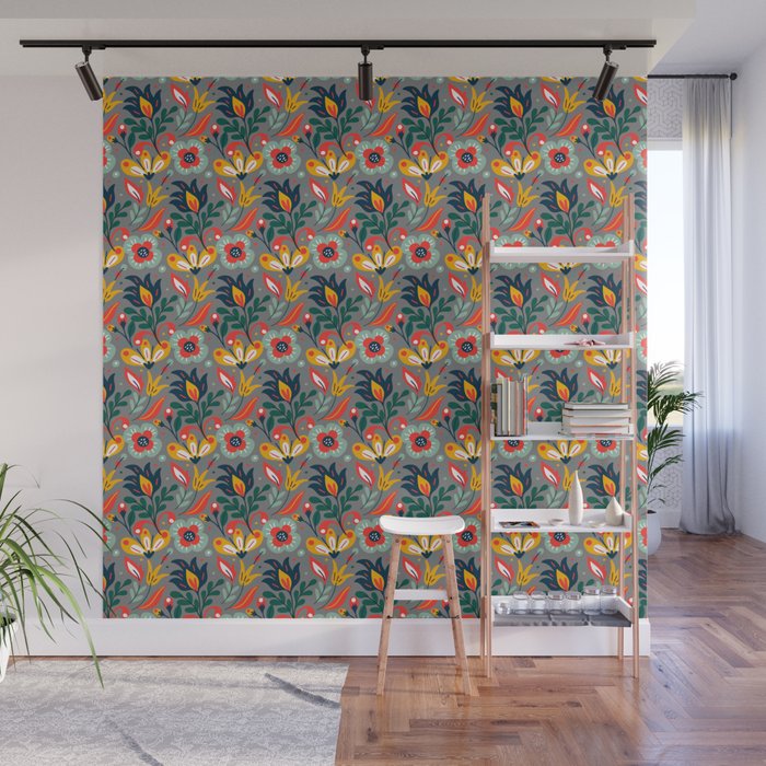 Colorful Floral Pattern On Grey Background Wall Mural