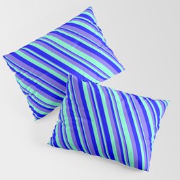 [ Thumbnail: Blue, Medium Slate Blue & Aquamarine Colored Pattern of Stripes Pillow Sham ]