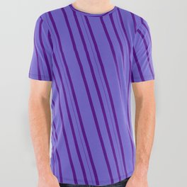 [ Thumbnail: Slate Blue and Indigo Colored Striped/Lined Pattern All Over Graphic Tee ]
