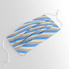 [ Thumbnail: Tan, Dark Grey, and Blue Colored Pattern of Stripes Face Mask ]
