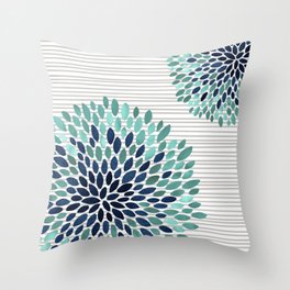 Floral Prints, Gray, Teal and Blue, Abstract Art Throw Pillow