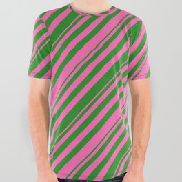 [ Thumbnail: Hot Pink and Forest Green Colored Stripes Pattern All Over Graphic Tee ]