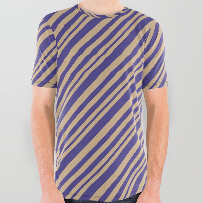 Tan and Dark Slate Blue Colored Lines Pattern All Over Graphic Tee