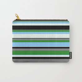 [ Thumbnail: Gray, Forest Green, Light Sky Blue, Mint Cream & Black Colored Lines/Stripes Pattern Carry-All Pouch ]