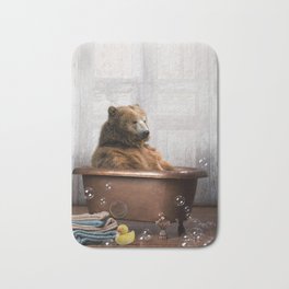 Bear with Rubber Ducky in Vintage Bathtub Bath Mat