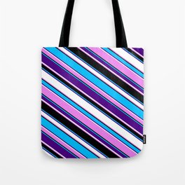 [ Thumbnail: Eyecatching Deep Sky Blue, Indigo, White, Violet & Black Colored Stripes/Lines Pattern Tote Bag ]