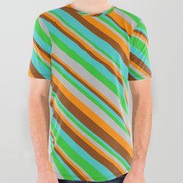[ Thumbnail: Eye-catching Turquoise, Lime Green, Grey, Dark Orange & Brown Colored Lines/Stripes Pattern All Over Graphic Tee ]