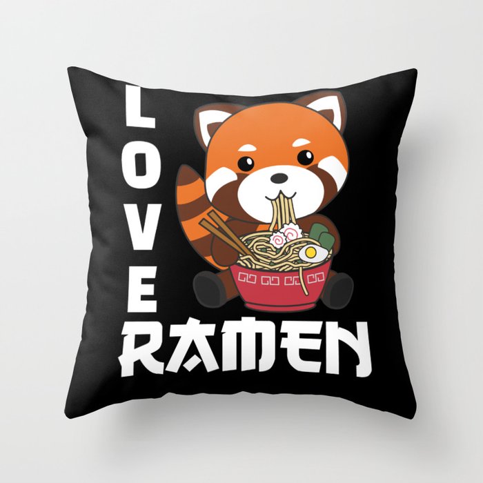 Powered By Ramen Cute Red Panda Eats Ramen Noodles Throw Pillow