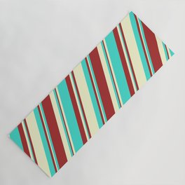 [ Thumbnail: Brown, Light Yellow, and Turquoise Colored Lined Pattern Yoga Mat ]