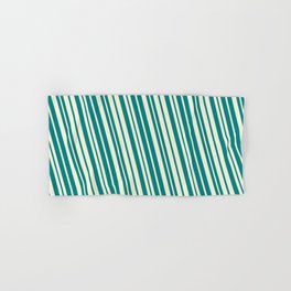 [ Thumbnail: Teal & Beige Colored Lined/Striped Pattern Hand & Bath Towel ]