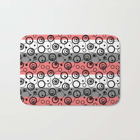 Circles and rings on striped background . Salmon , black , white , grey Bath Mat