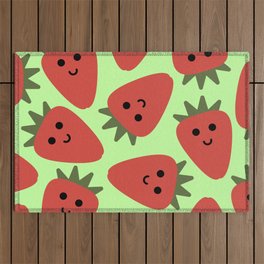 Cute happy strawberries green background Outdoor Rug