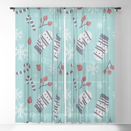 Christmas Pattern Turquoise Glove Holly Sheer Curtain