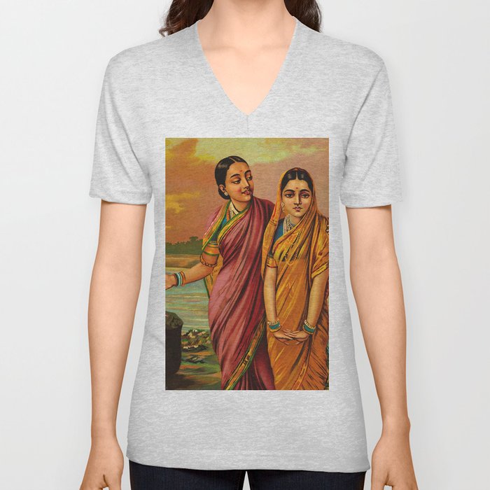Radha, Goddess of Love by Raja Ravi Varma V Neck T Shirt