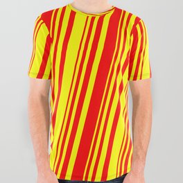 [ Thumbnail: Red and Yellow Colored Lined/Striped Pattern All Over Graphic Tee ]